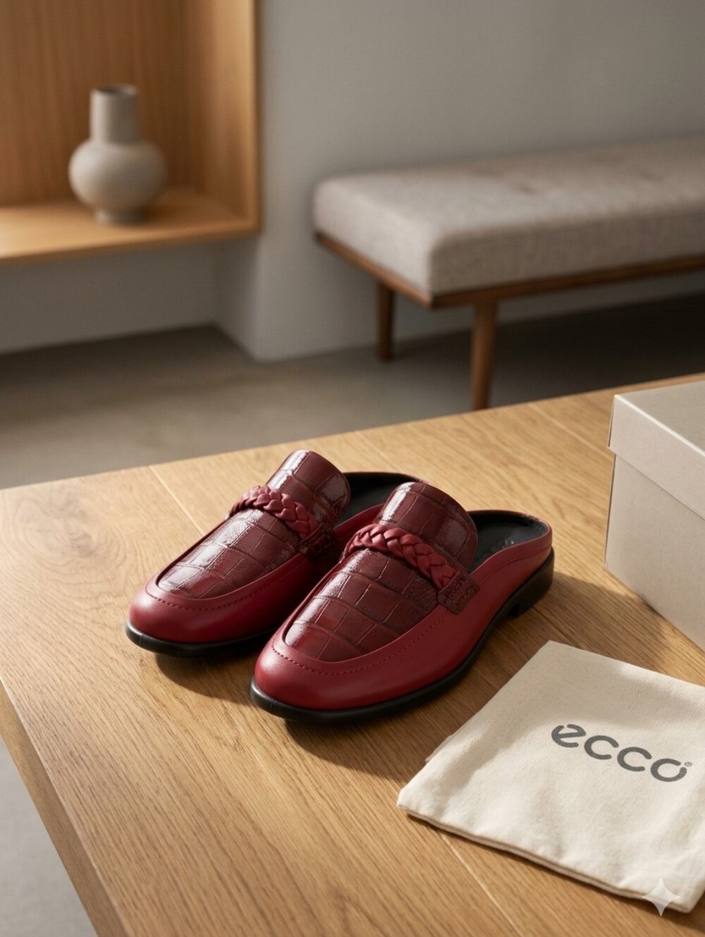 ECCO Sculpted LX Braided Burgundy Croc-Embossed Leather Mule Loafers Size 5.5